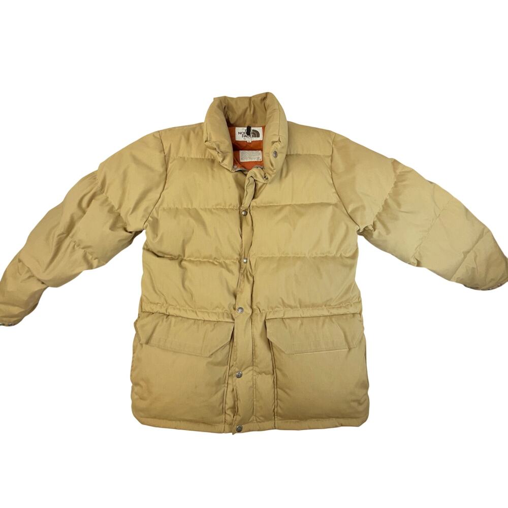 Vintage The North Face Puffer Jacket XL Tan Orange Made USA Down Snap Zip Coat